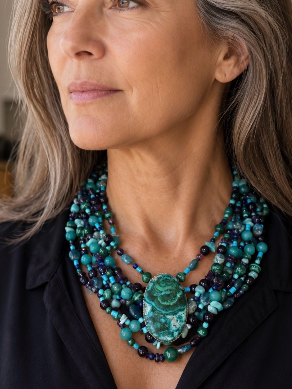 Multi-Strand Gemstone, Turquoise, amethyst, etc Statement Necklace by Xai Xai.